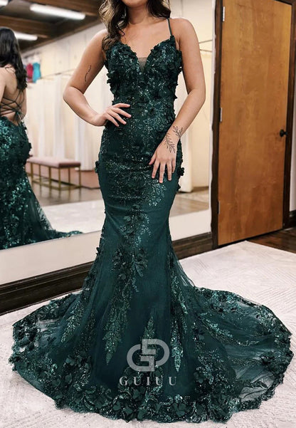 Glitter Dark Green Mermaid Spaghetti Straps Lace Up Prom Dress