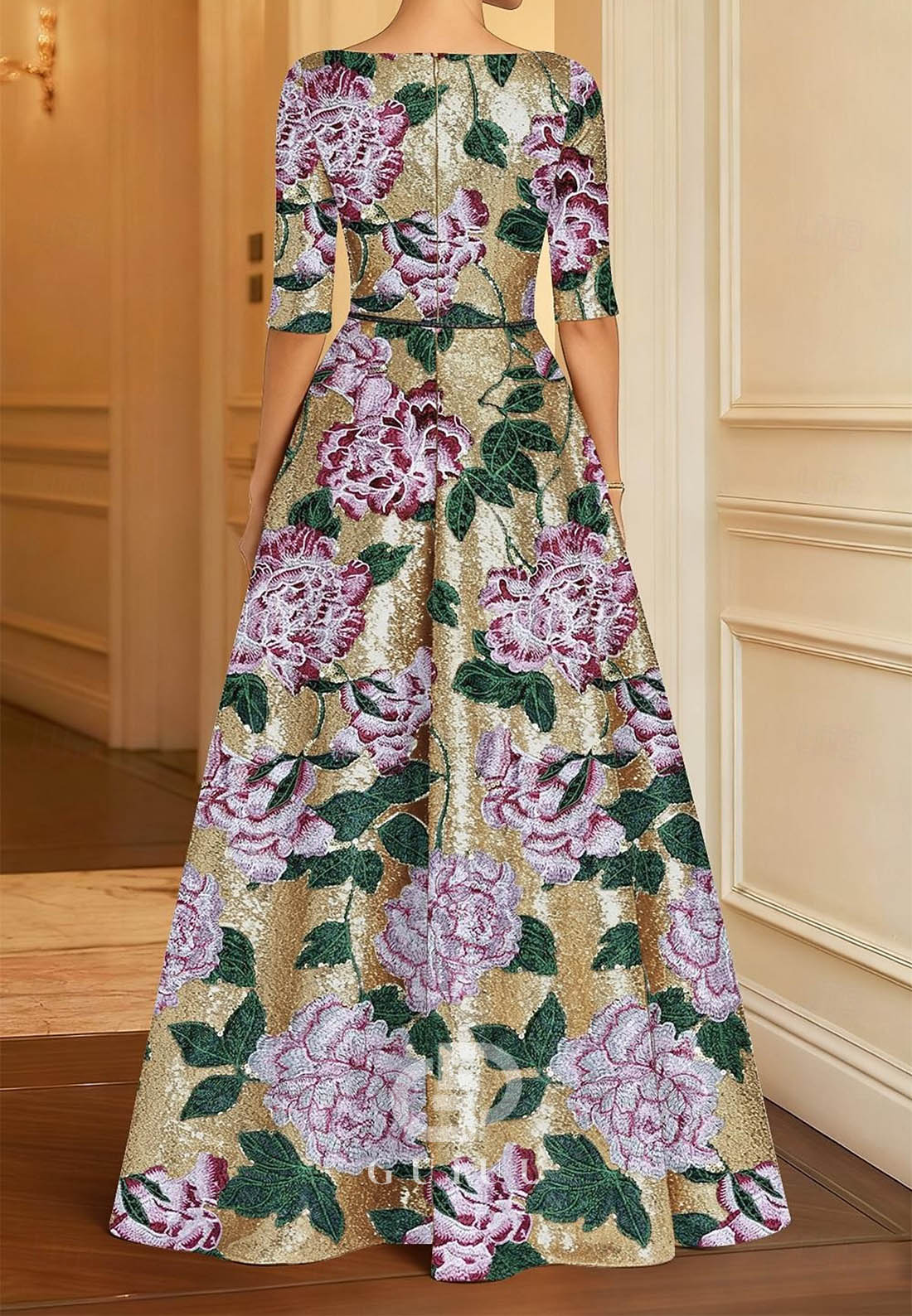 Gold Floral Embroidered A-Line Evening Gown