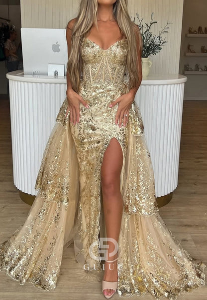 Gold Sequin Train Sweetheart A-Line Lace Long Prom Dress