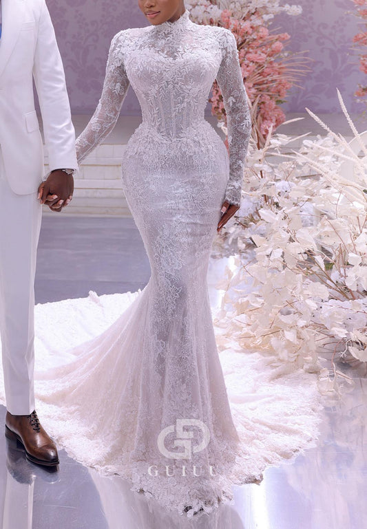 Gorgeous Long Sleeves High Neck Mermaid Lace Wedding Dress