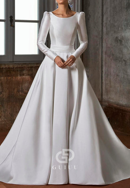 Gorgeous Long Sleeves Scoop Empire-Waist Backless Satin Wedding Dress