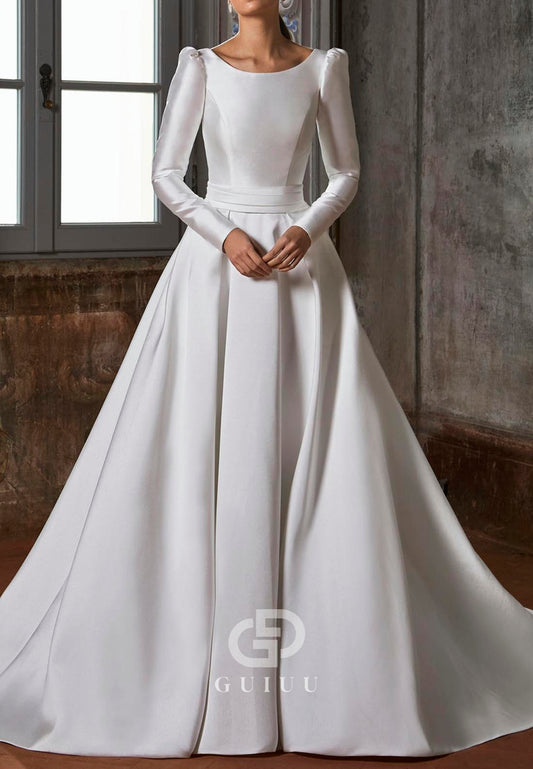 Gorgeous Long Sleeves Scoop Empire-Waist Backless Satin Wedding Dress