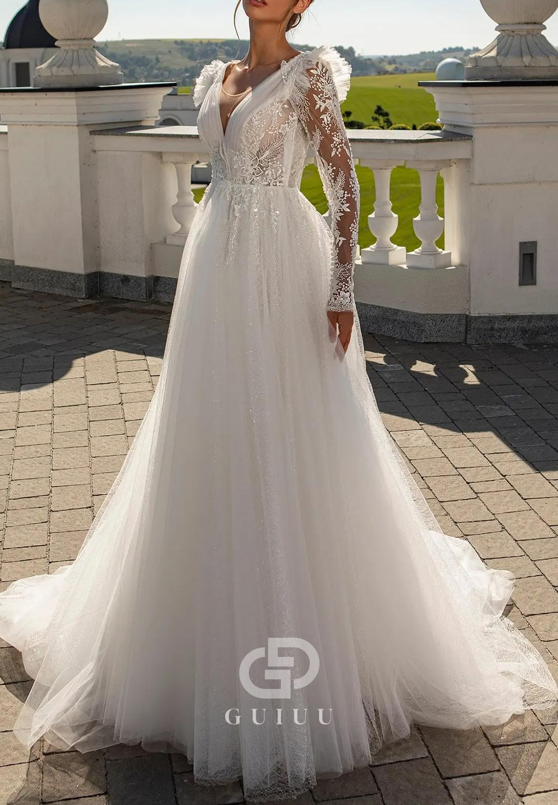 Gorgeous Long Sleeves V-Neck Corset Backless Lace Wedding Dress