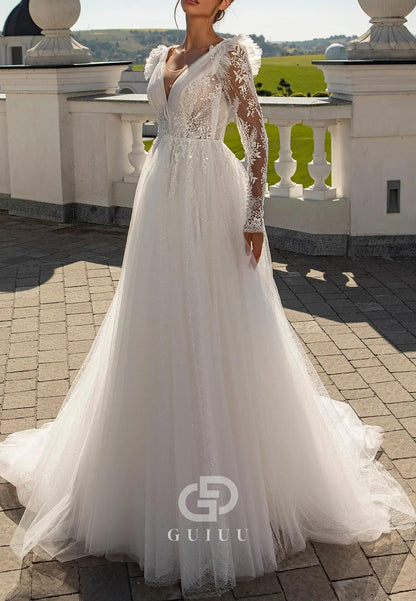 Gorgeous Long Sleeves V-Neck Corset Backless Lace Wedding Dress