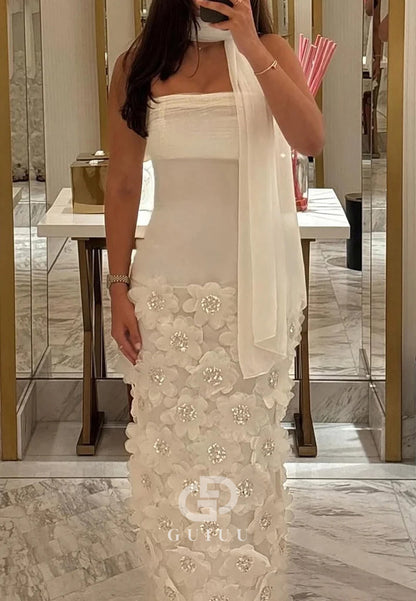 Gorgeous Sheath Strapless White Long Prom Dress with Appliques