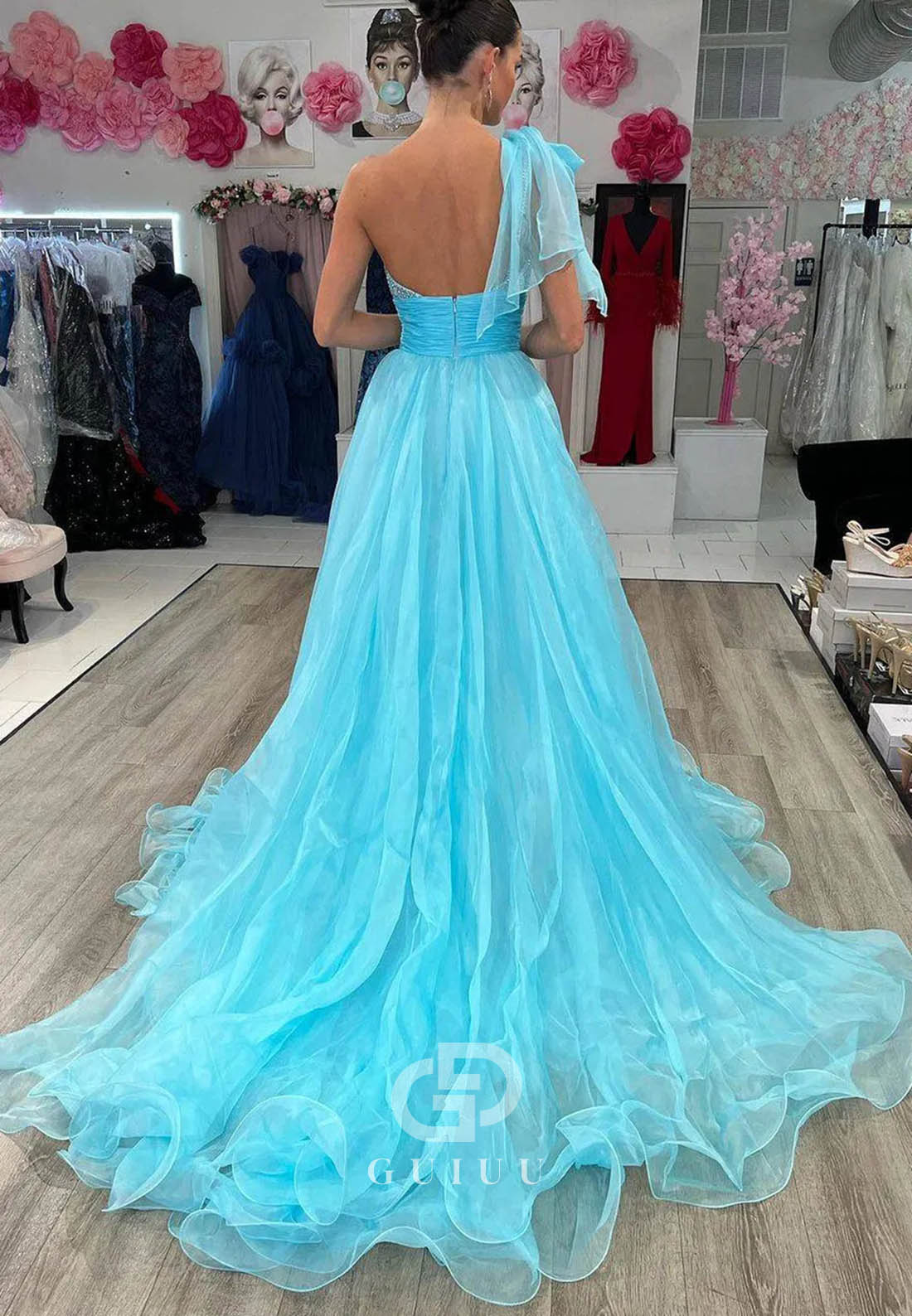 Sparkly Sky Blue Long Beading A-Line Prom Dress