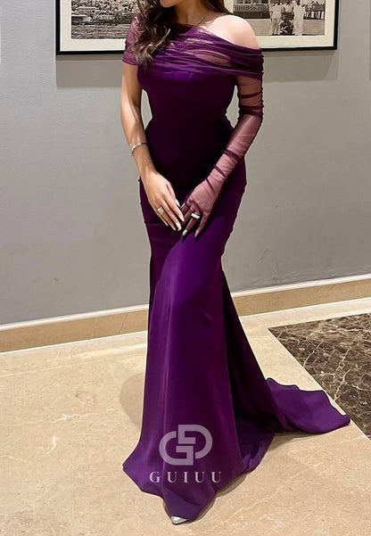 Grape One Shoulder Long Sleeves Ruched Mermaid Evening Dress
