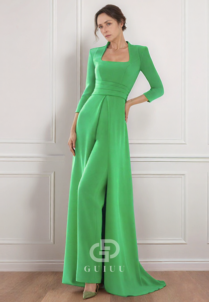 Green Long Sleeves Square Ruched Satin Mother of the Bride Dress