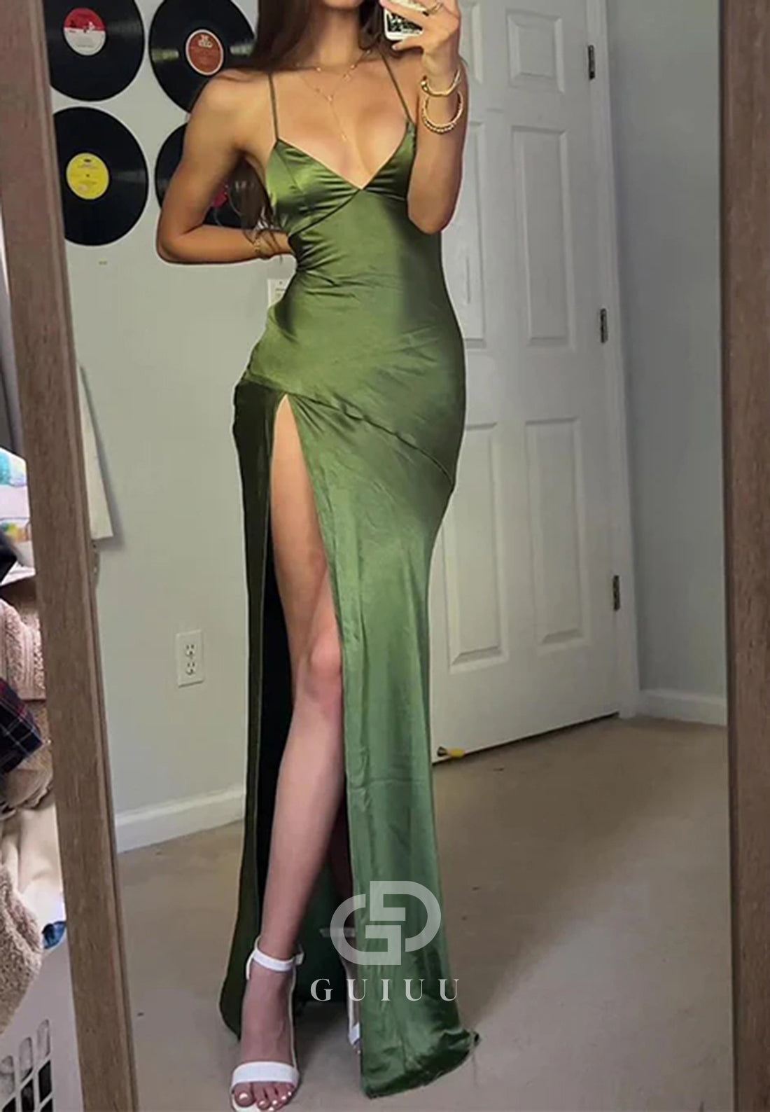 Green Sexy Spaghetti Straps Soft Satin Loqng Party Dress