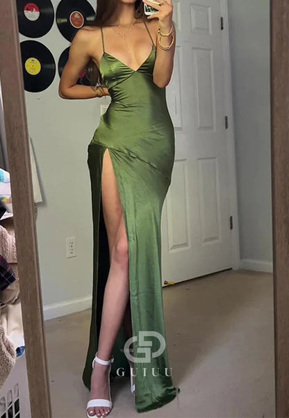 Green Sexy Spaghetti Straps Soft Satin Loqng Party Dress