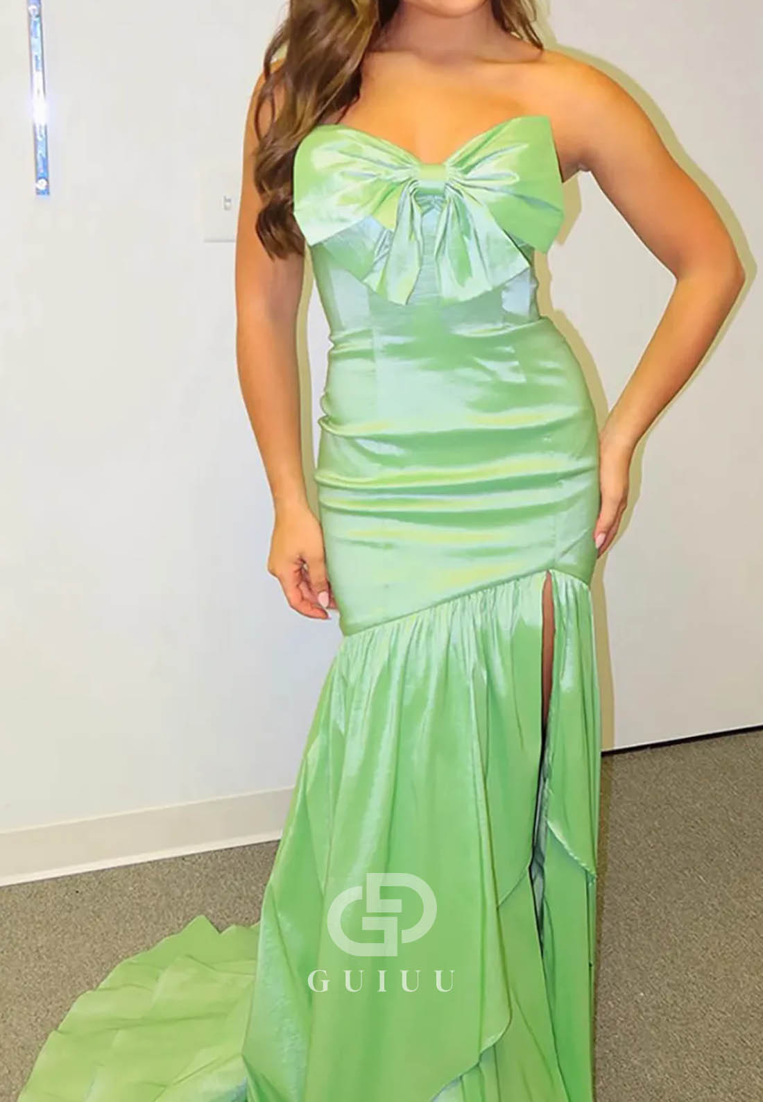 Green Strapless Satin Mermaid Long Prom Dress with Bow