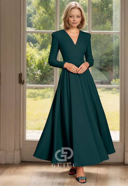 A Line V Neck Long Sleeves Simple Elegant Mother of the Bride Dress