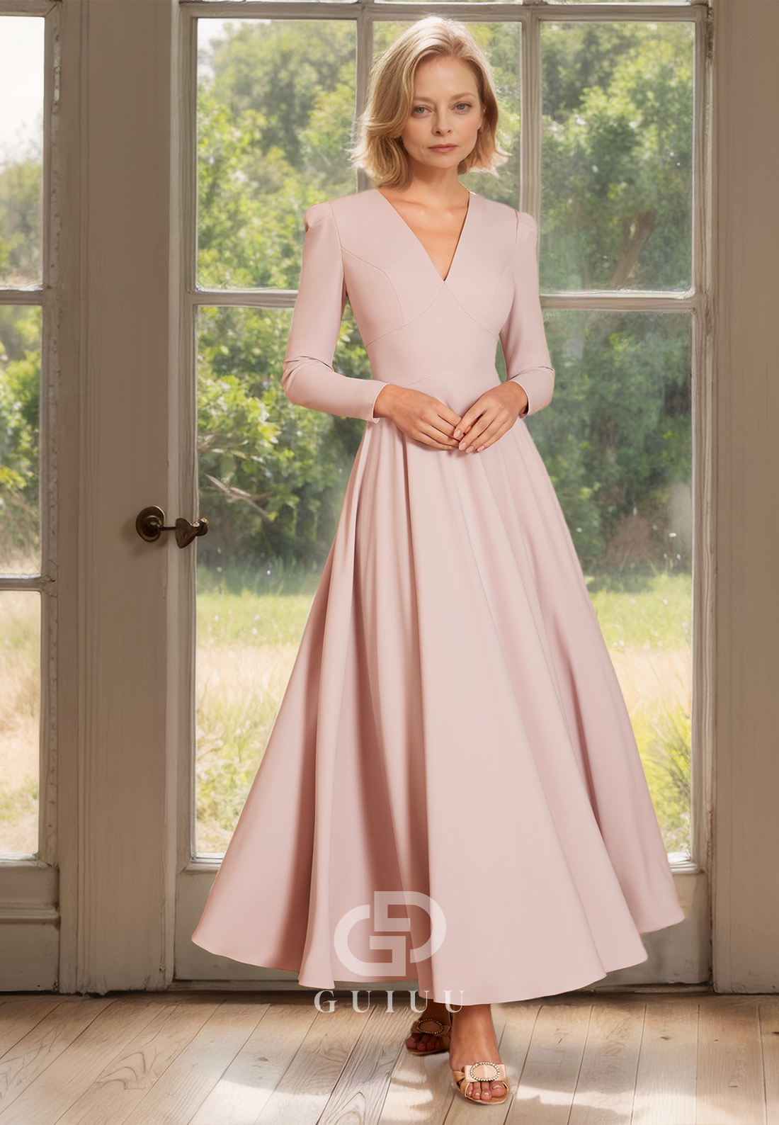 A Line V Neck Long Sleeves Simple Elegant Mother of the Bride Dress
