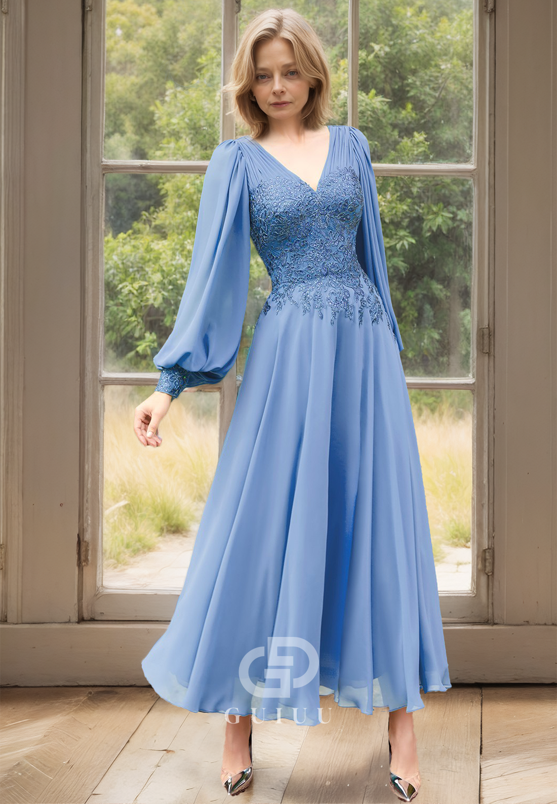 A Line V Neck Chiffon Appliques Long Sleeves Mother of the Bride Dress