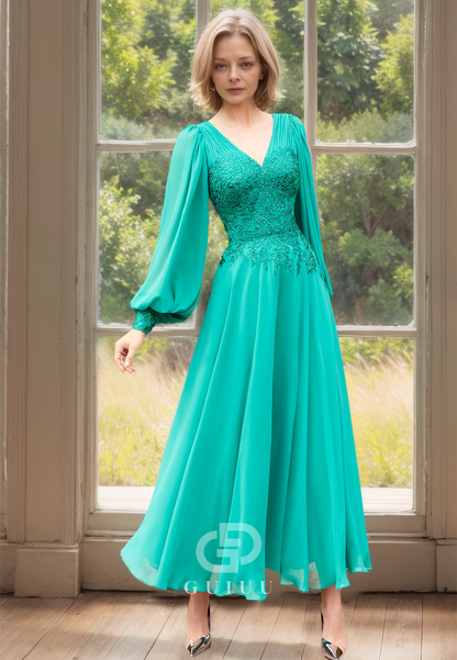 A Line V Neck Chiffon Appliques Long Sleeves Mother of the Bride Dress