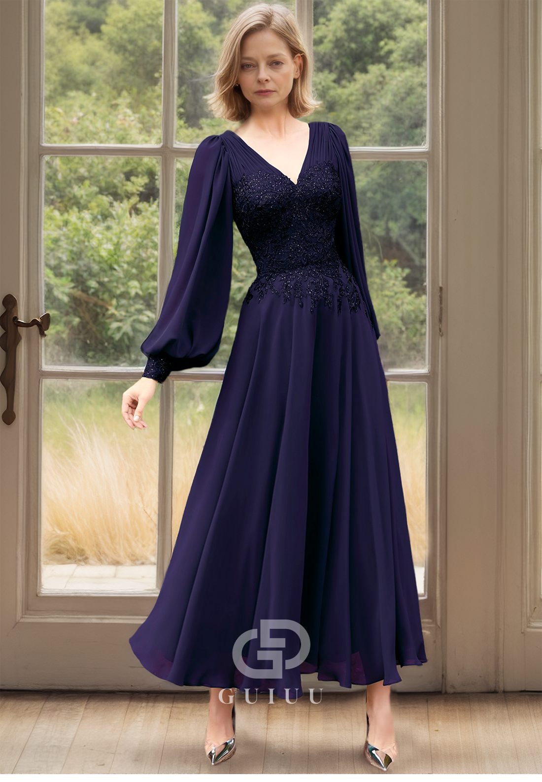 A Line V Neck Chiffon Appliques Long Sleeves Mother of the Bride Dress