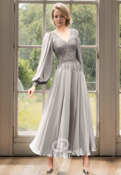 A Line V Neck Chiffon Appliques Long Sleeves Mother of the Bride Dress