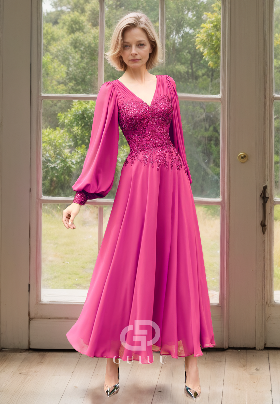A Line V Neck Chiffon Appliques Long Sleeves Mother of the Bride Dress