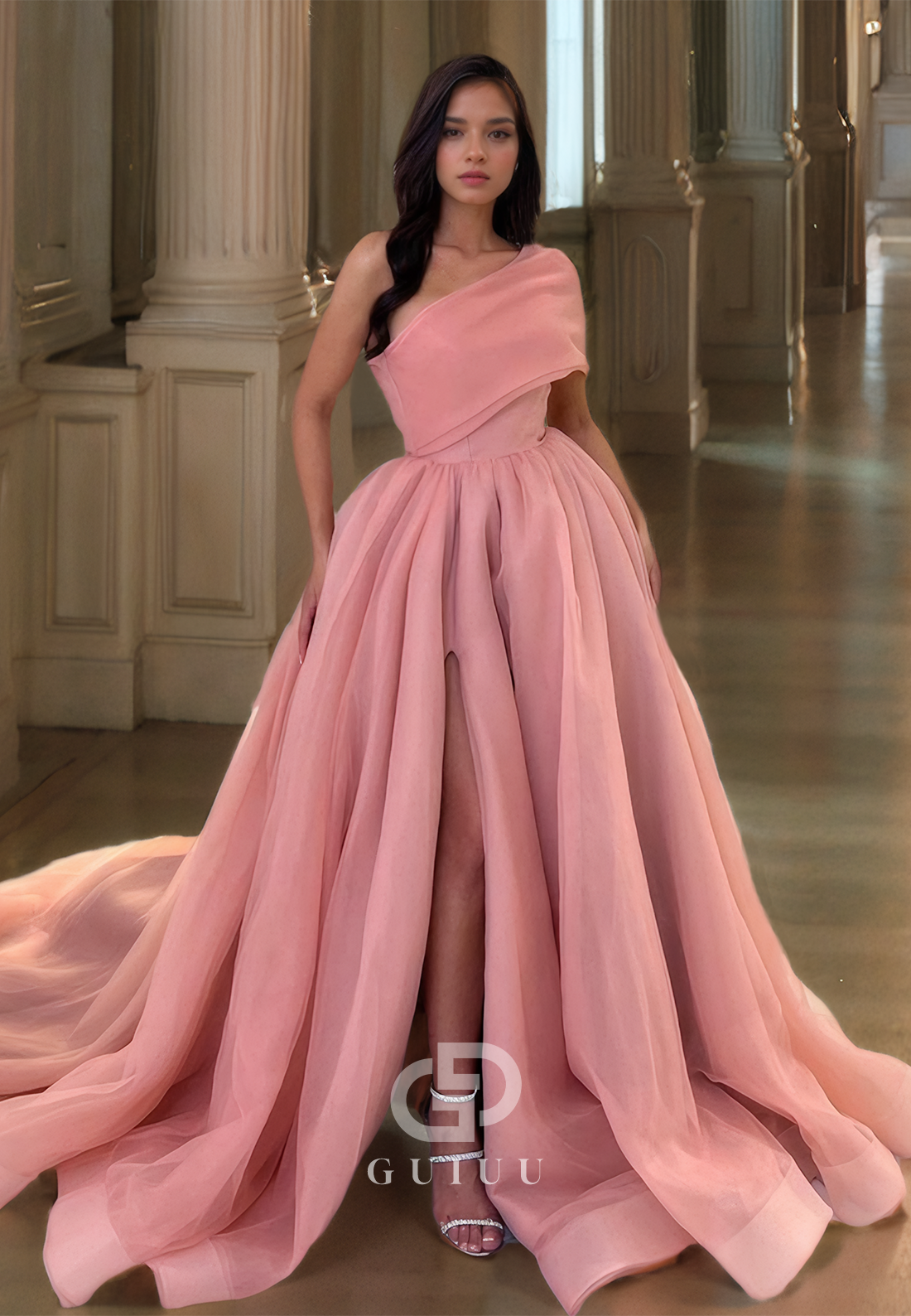 A Line One Shoulder Side Slit Long Prom Formal Dress