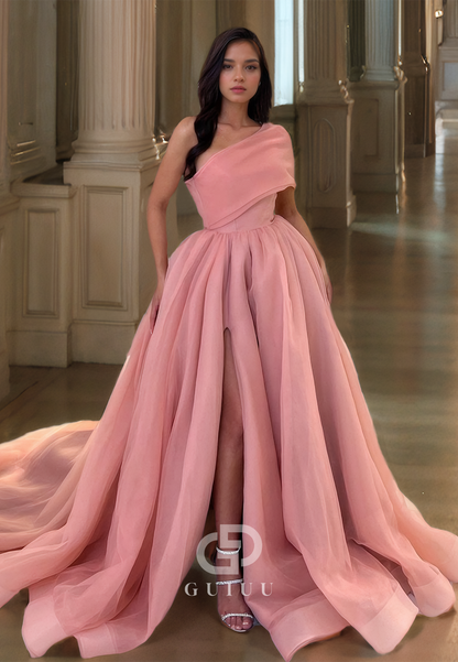 A Line One Shoulder Side Slit Long Prom Formal Dress