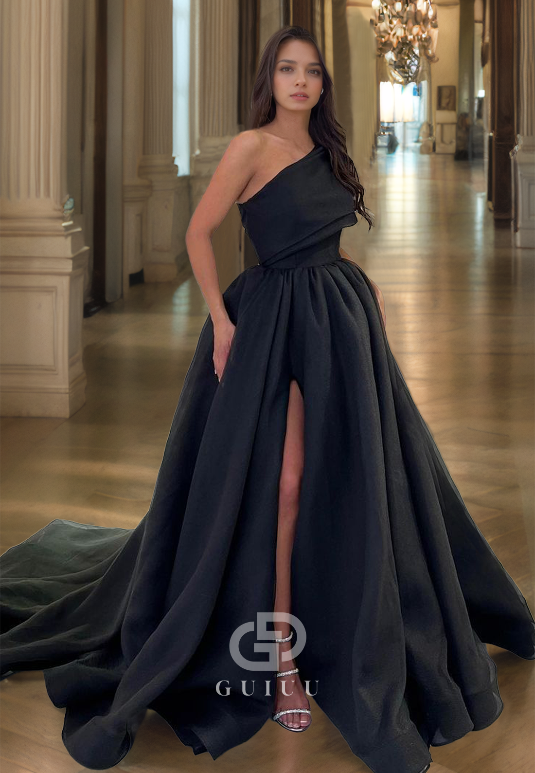 A Line One Shoulder Side Slit Long Prom Formal Dress