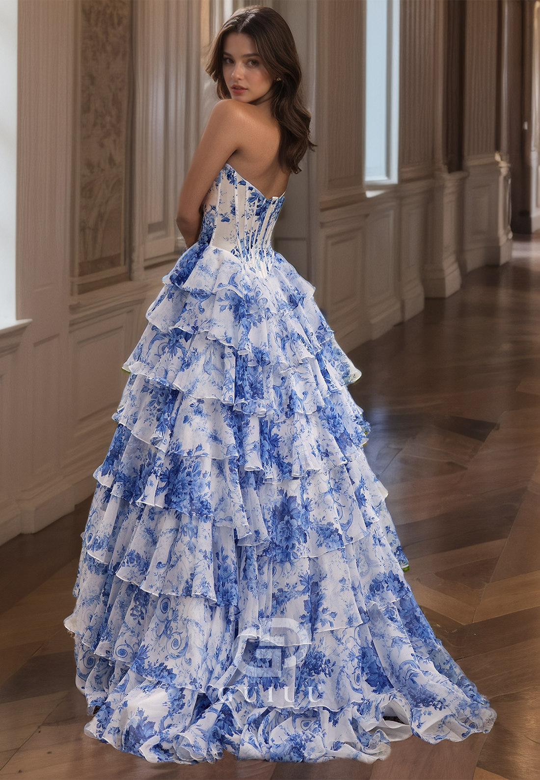 Elegant A-Line Strapless Sleeveless Prom Dress with Slit Ruffles Evening Party Dress