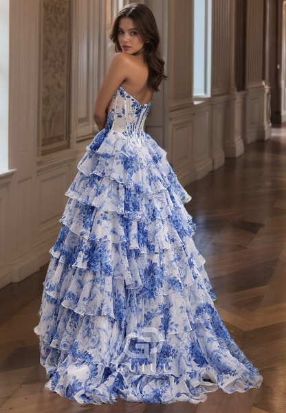 Elegant A-Line Strapless Sleeveless Prom Dress with Slit Ruffles Evening Party Dress