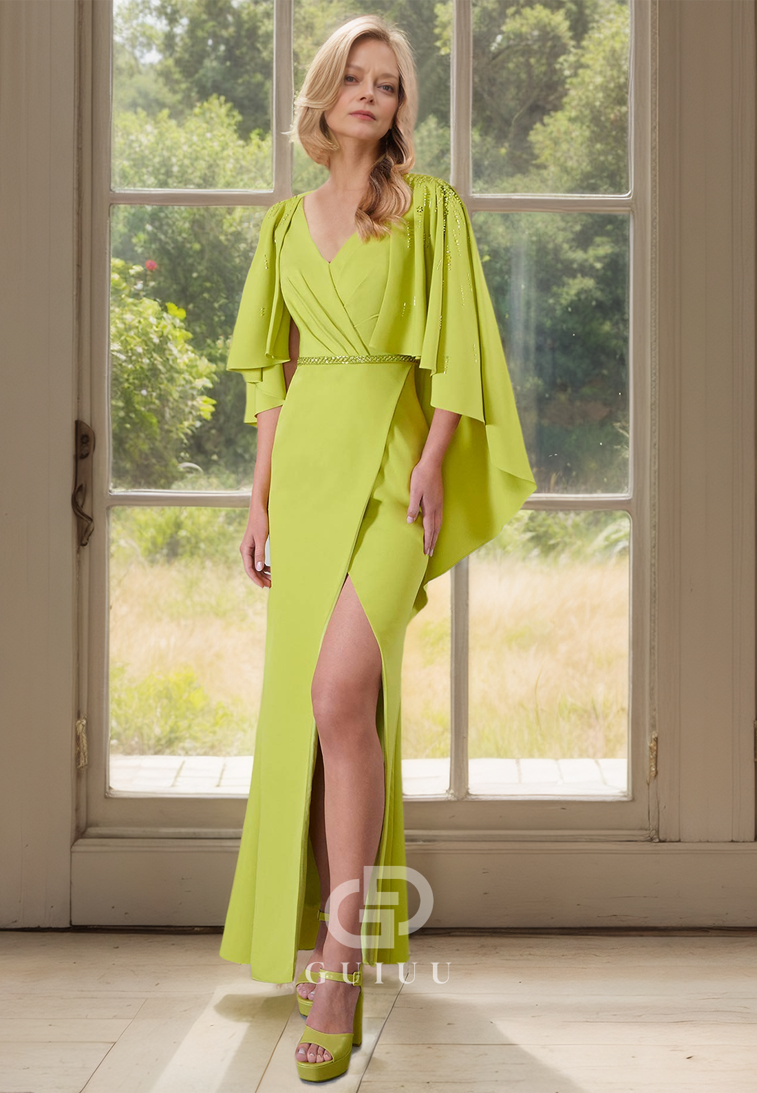 Sheath Cap Sleeves V-Neck Side Slit Empire-Waist Mother of the Bride Dress