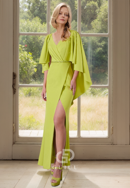 Sheath Cap Sleeves V-Neck Side Slit Empire-Waist Mother of the Bride Dress