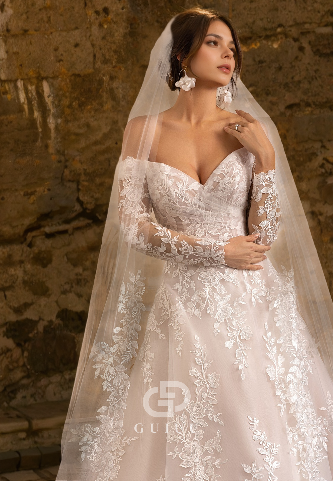 GW634 - Elegant & Luxurious A-line Off Shoulder Allover Floral Appliques Long Sleeves Wedding Dress with Sweep Train