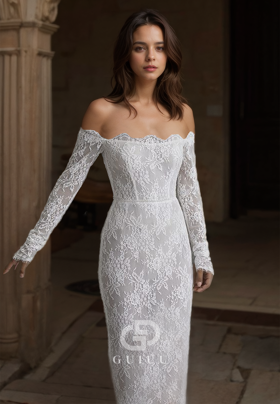 Mermaid Off-Shoulder Long Sleeves Empire-Waist Appliques Lace Wedding Dress
