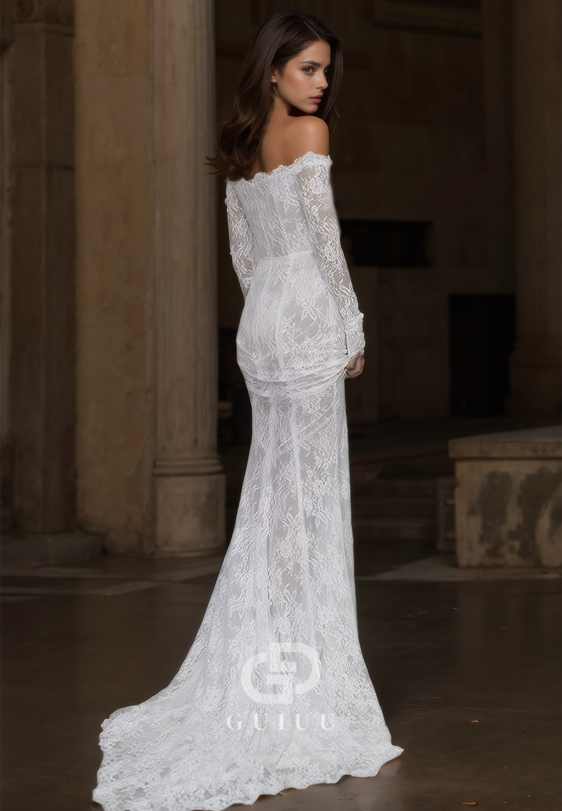 Mermaid Off-Shoulder Long Sleeves Empire-Waist Appliques Lace Wedding Dress