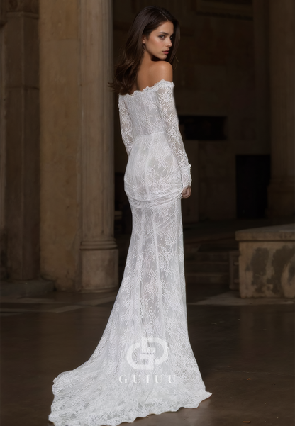 Mermaid Off-Shoulder Long Sleeves Empire-Waist Appliques Lace Wedding Dress