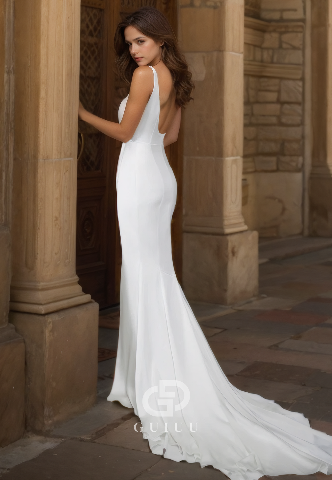 A-Line Spaghetti Straps Sweetheart Ruched Backless Sweep Train Satin Wedding Dress