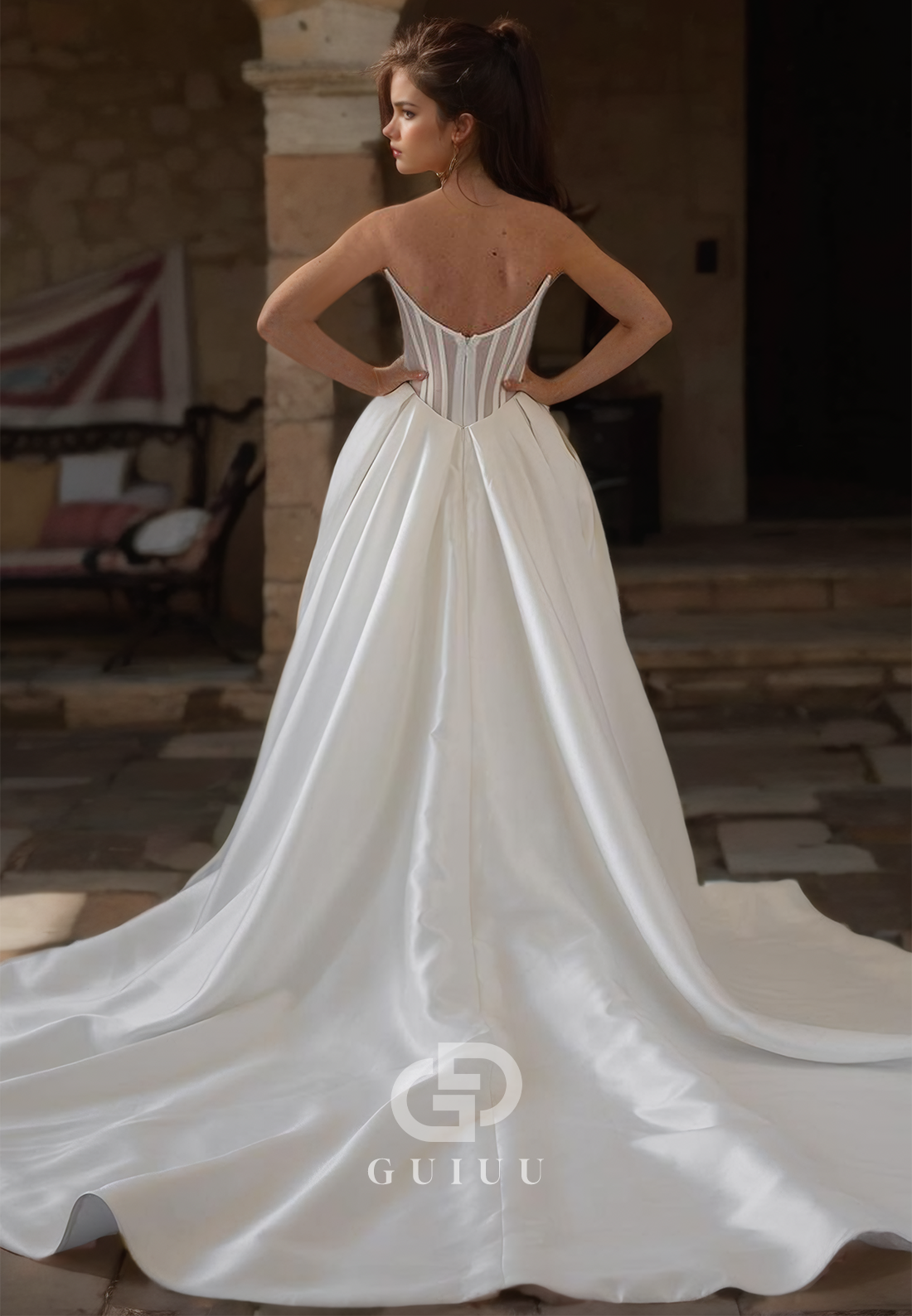 A-Line Strapless Sleeveless Corset Tulle Court Train Satin Wedding Dress