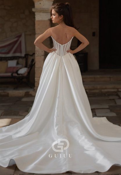A-Line Strapless Sleeveless Corset Tulle Court Train Satin Wedding Dress