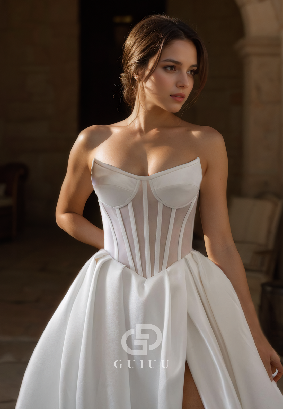 A-Line Strapless Sleeveless Corset Tulle Court Train Satin Wedding Dress