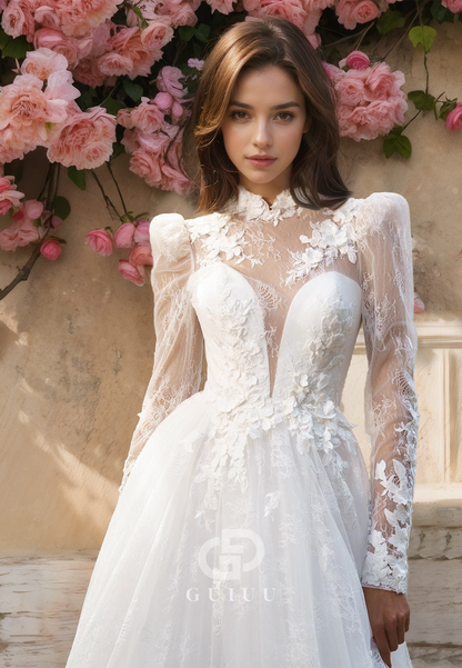 Elegant Long Sleeves High Neck Empire-Waist Appliques Lace Wedding Dress