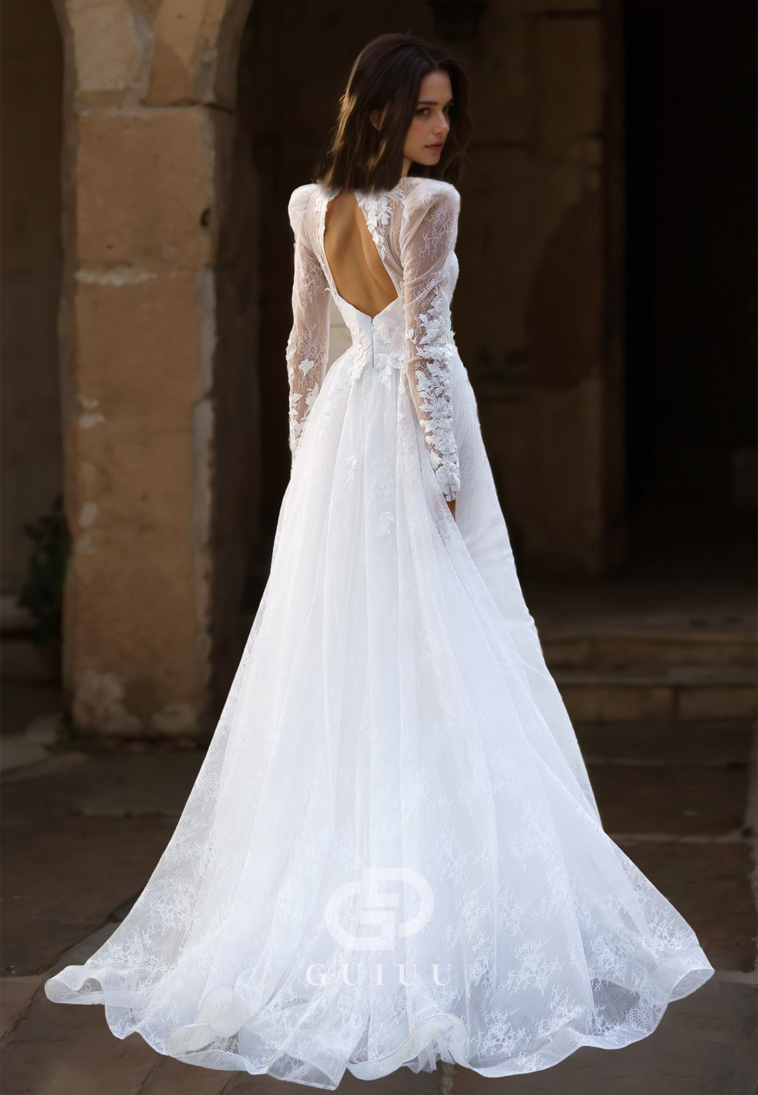 Elegant Long Sleeves High Neck Empire-Waist Appliques Lace Wedding Dress