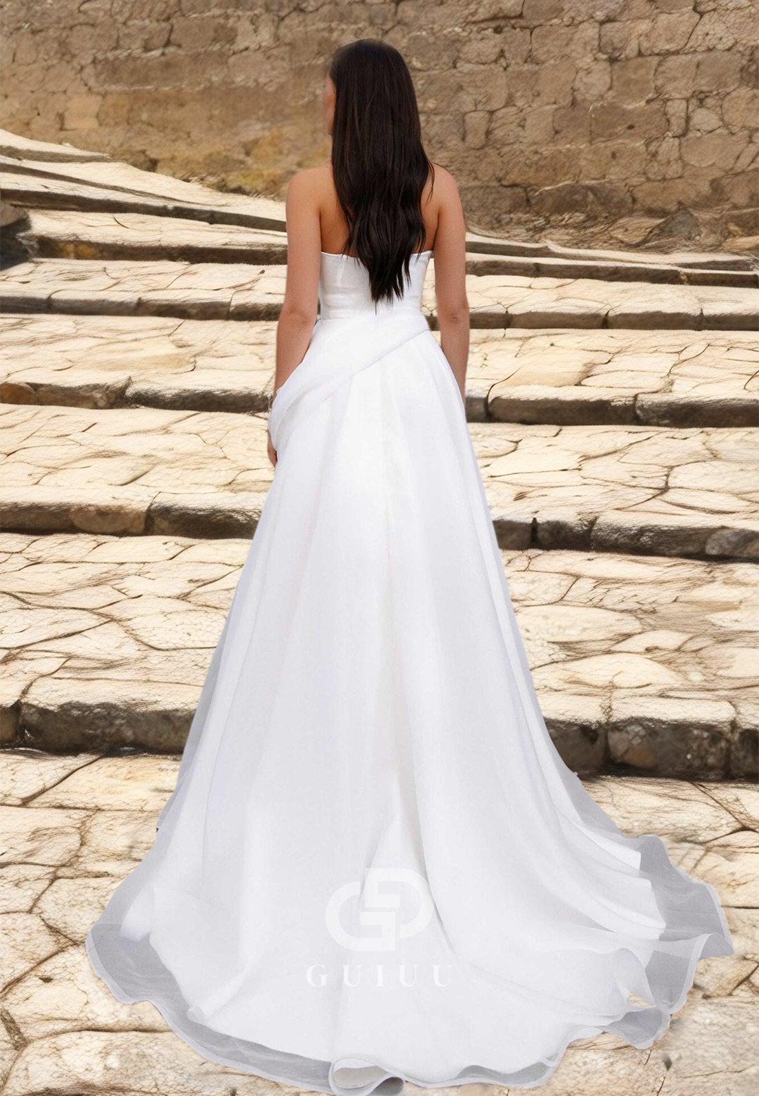 Simple A-Line Strapless Sleeveless Side Slit Ruched Lace Wedding Dress