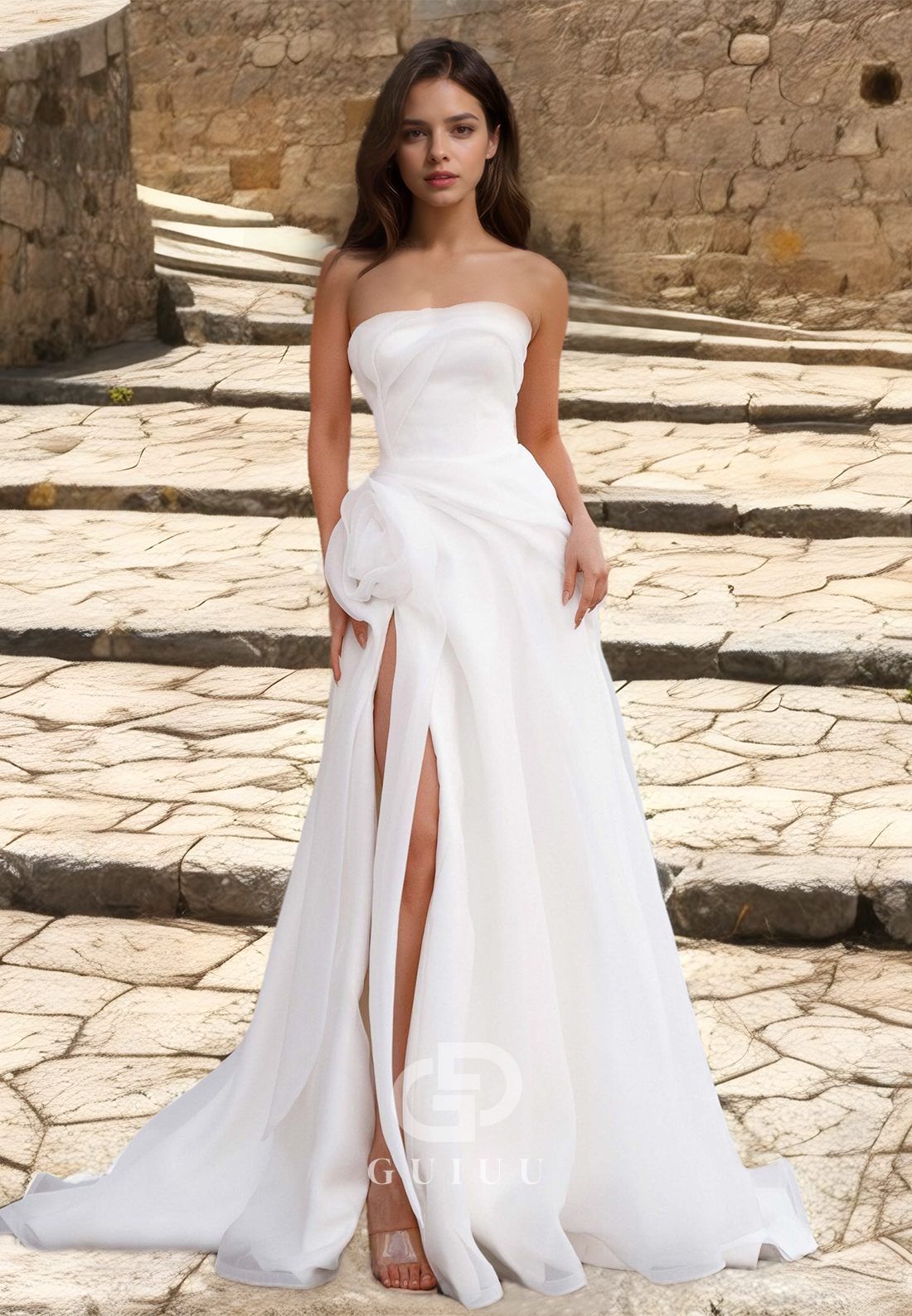 Simple A-Line Strapless Sleeveless Side Slit Ruched Lace Wedding Dress