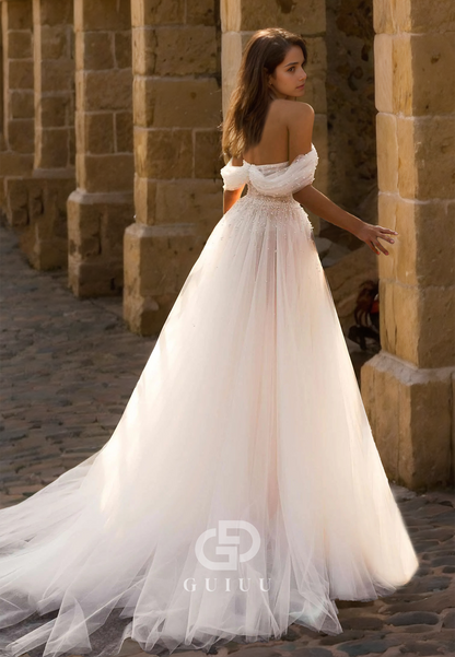 Charming Off-shoulder Cap Sleeves Empire-Waist Backless Lace Wedding Dress