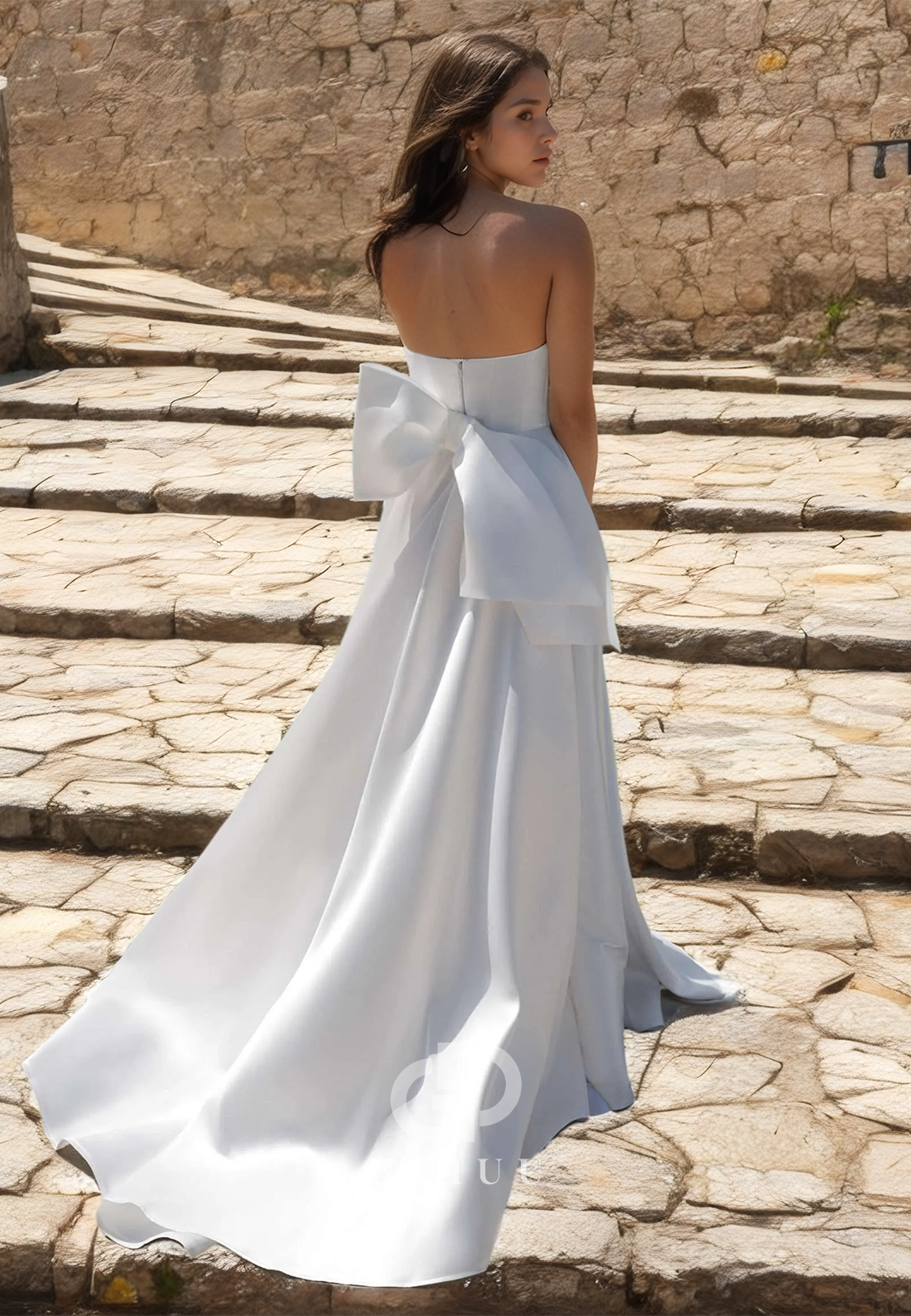 A-Line Strapless Sleeveless Empire-Waist SIde Slit Ruched Satin Wedding Dress