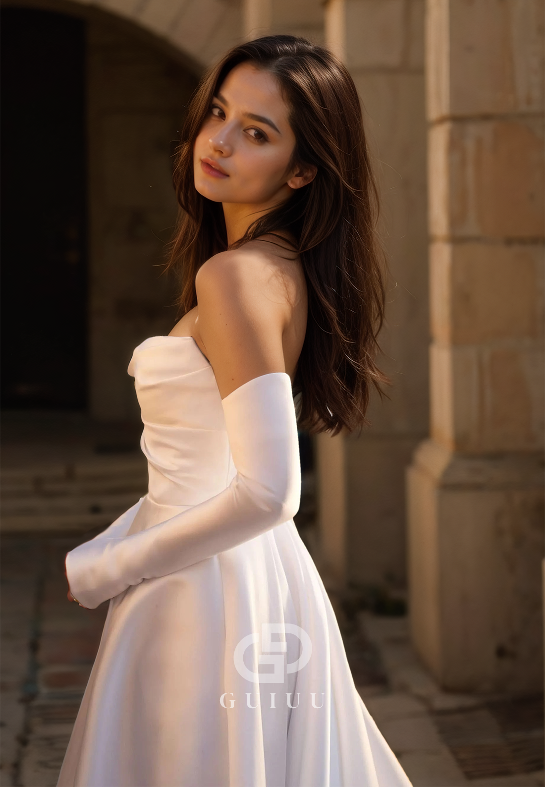 Elegant A-Line Off-Shoulder Long Sleeves Slit Ruched Satin Wedding Dress