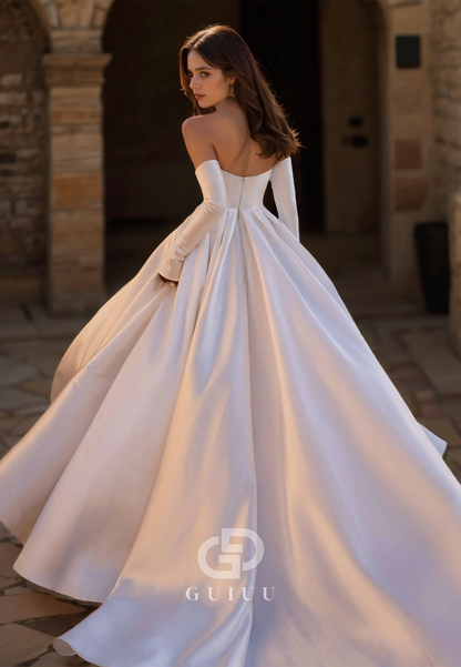 Elegant A-Line Off-Shoulder Long Sleeves Slit Ruched Satin Wedding Dress