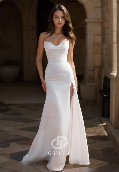 A-Line Cap Sleeves Sweetheart Side Slit Empire-Waist Ruched Satin Wedding Dress