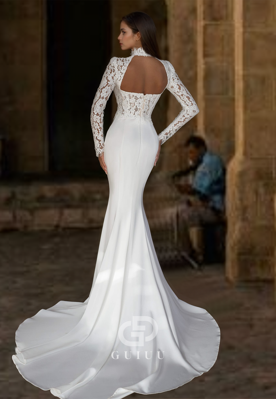 Mermaid Lace Long Sleeves High Neck Empire-Waist Backless Boho Wedding Dress