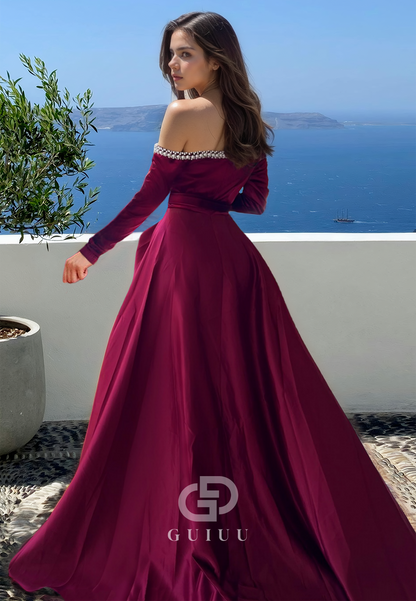 A-Line Long Sleeves Off-Shoulder Prom Dress with Slit Ruched Evening Party Dress