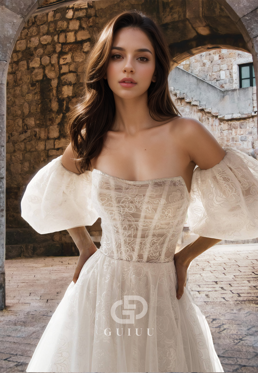 Gorgeous Off-Shoulder Short Sleeves Corset Tulle Sweep Train Lace Wedding Dress