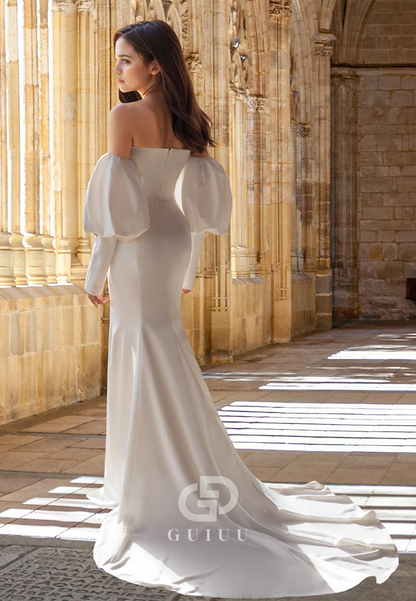 Sheath Long Sleeves Off-Shoulder Side Slit Sweep Train Satin Wedding Dress